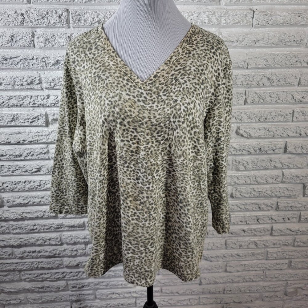 Denim Co Womens Top Extra Large Tee 3/4 Sleeve Gray Animal Print Comfy ANI6E
